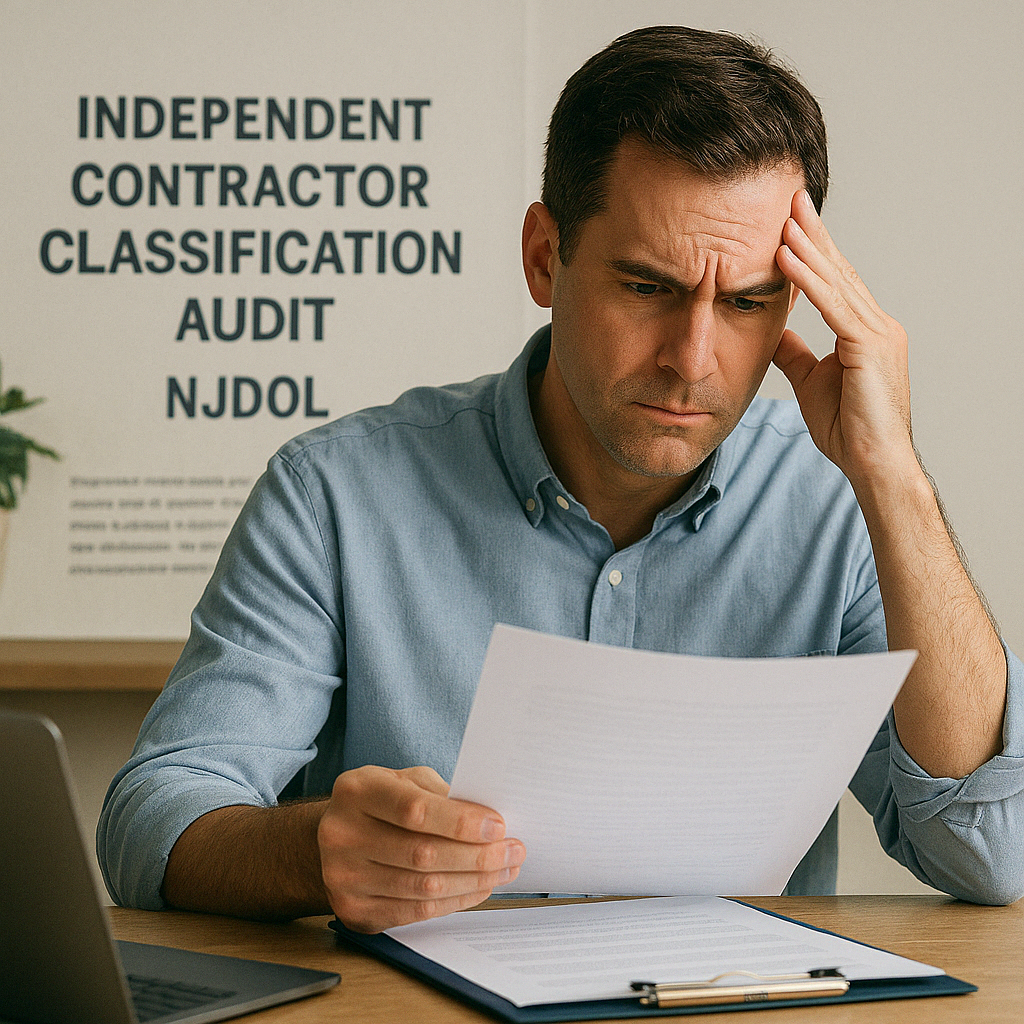 Concerned business owner reviewing paperwork with a sign in the background that reads “Independent Contractor Classification Audit – NJDO