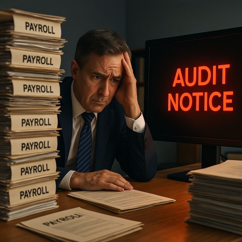 Worried business owner at a cluttered desk surrounded by stacks of payroll folders, staring at a computer monitor displaying a glowing red “AUDIT NOTICE.”