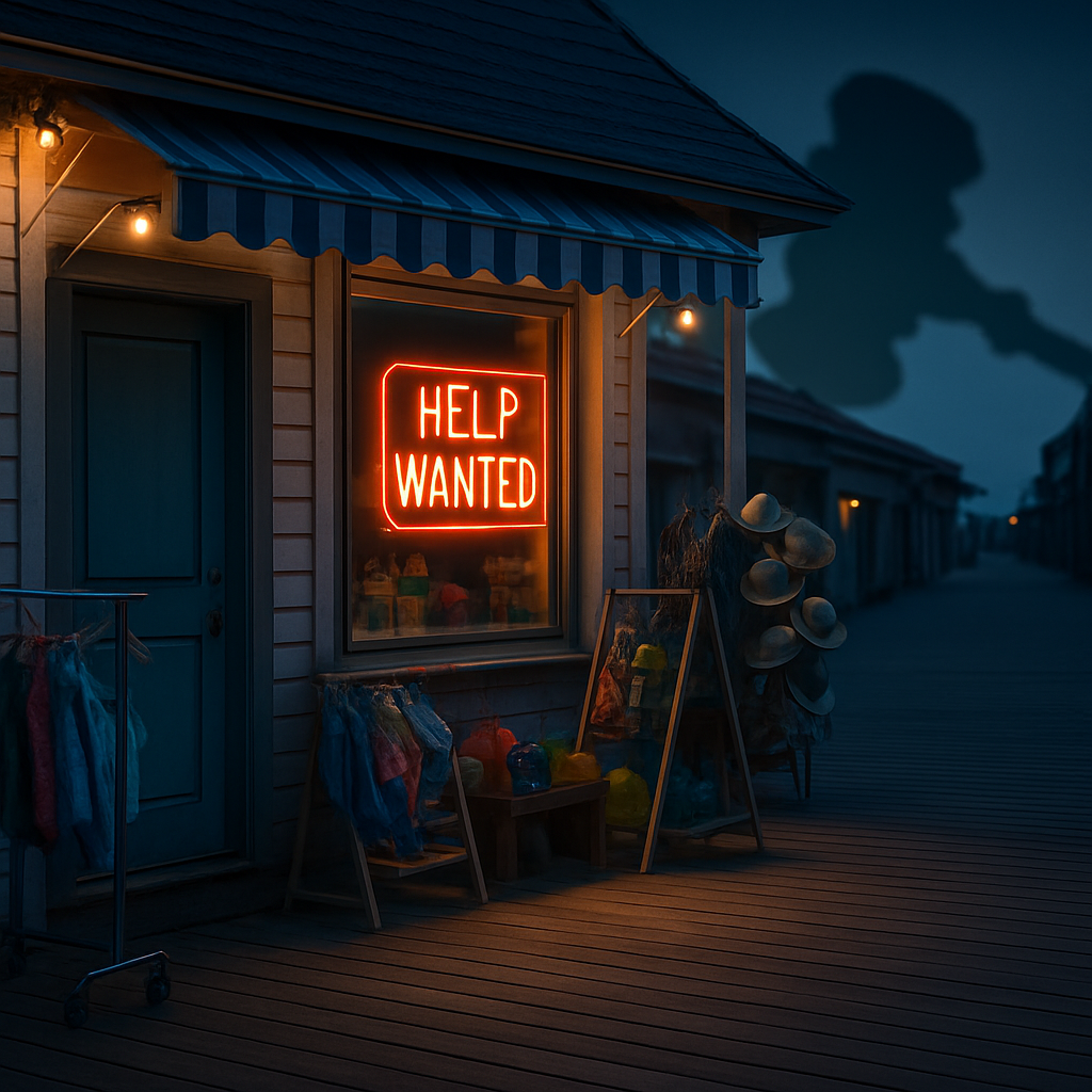Boardwalk storefront at dusk with a glowing “Help Wanted” sign and a looming shadow of a gavel in the background, symbolizing hidden legal risks.