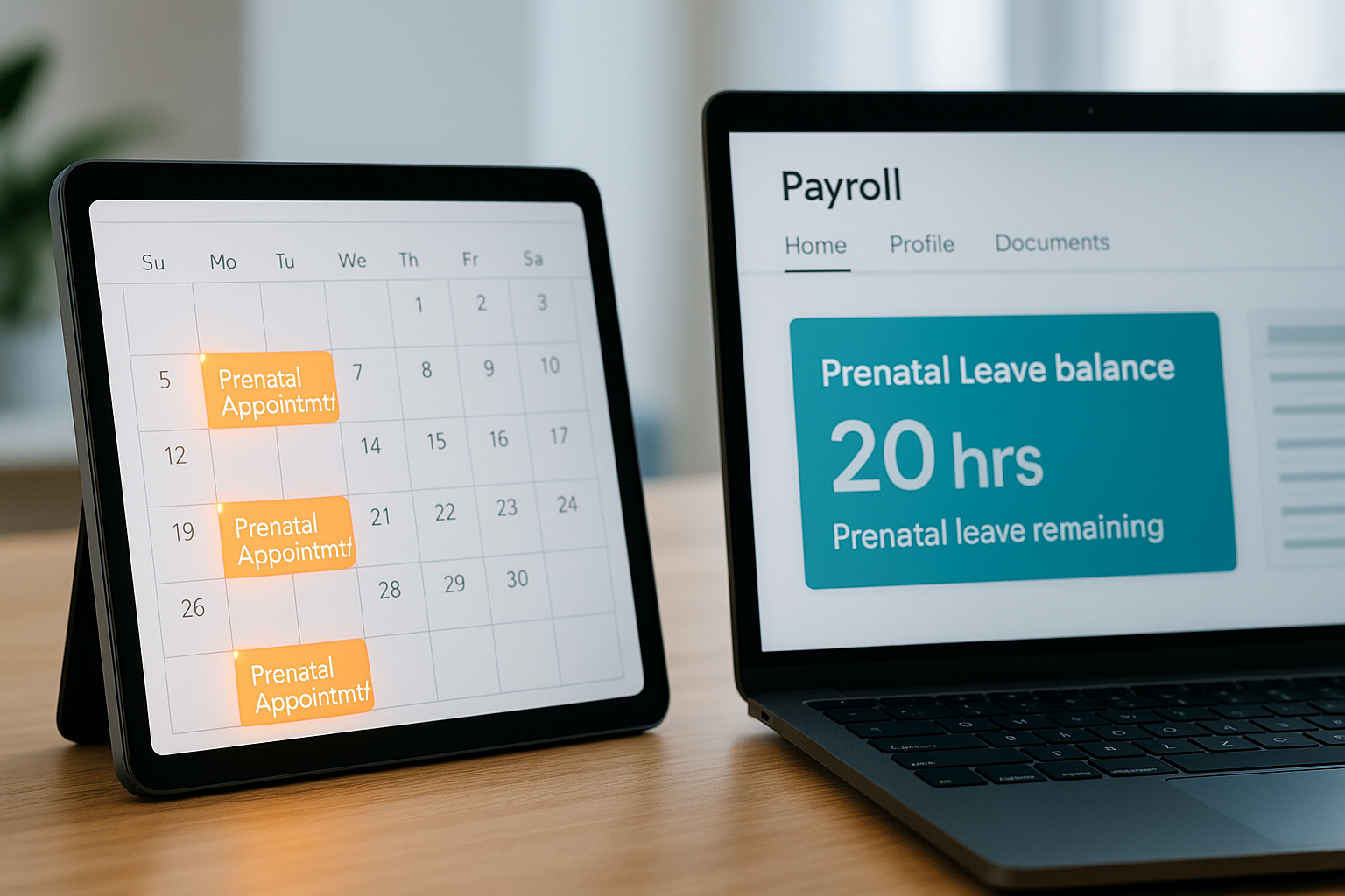 Digital workspace showing a calendar with prenatal appointments and a payroll system displaying a 20-hour prenatal leave balance.