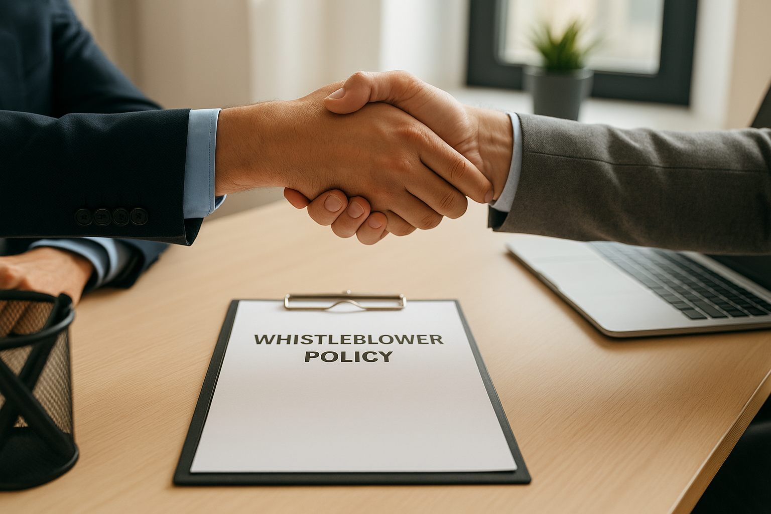 Two professionals shaking hands over a document labeled “Whistleblower Policy” in a modern office, symbolizing trust and compliance.