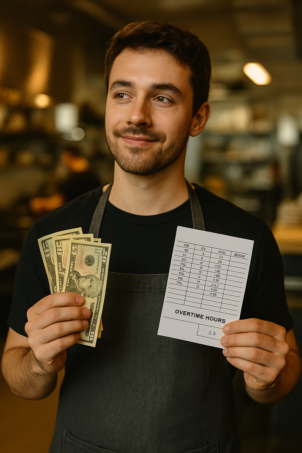 Restaurant server holding cash tips and an overtime timecard in a busy kitchen, reflecting on earnings and tax reporting.