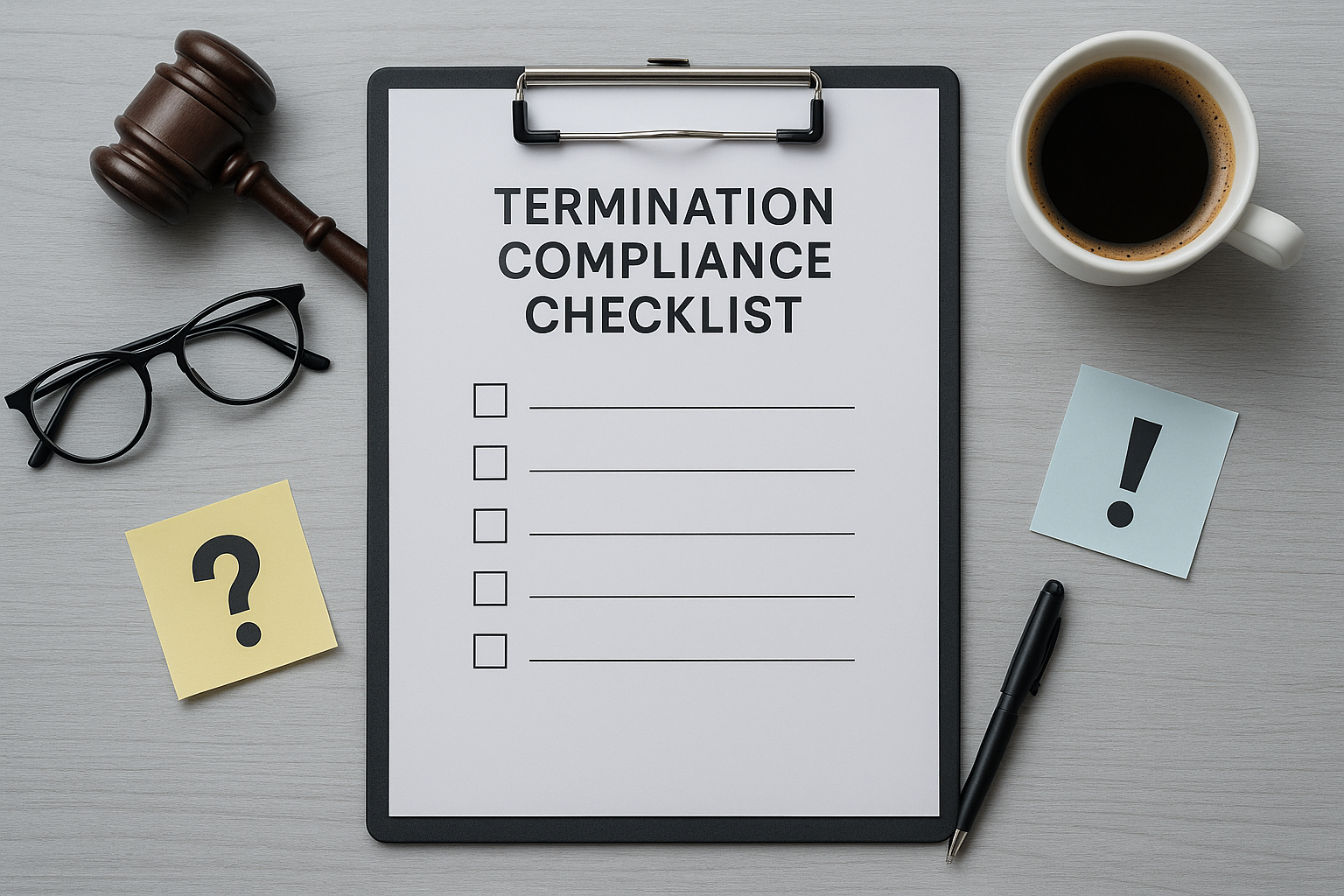 Termination compliance checklist on a clipboard with glasses, gavel, coffee cup, and sticky notes on a desk.