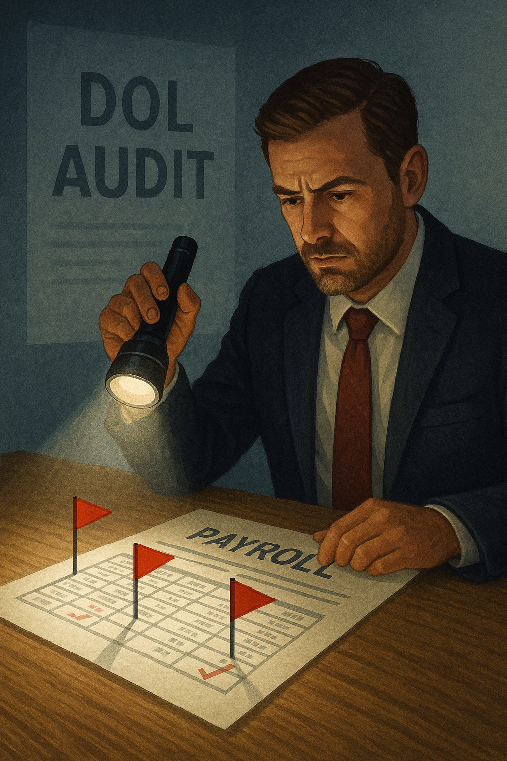 Business owner shining a flashlight over payroll documents, uncovering red flags as a DOL audit notice fades in the background.