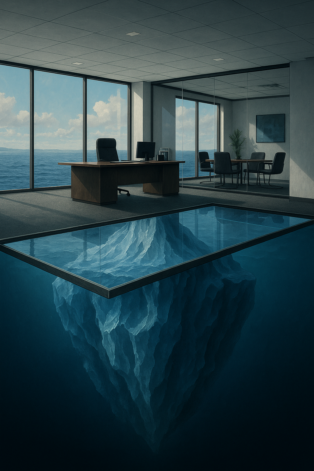A modern glass-walled office floats above the ocean, revealing a massive iceberg beneath the surface through a transparent glass floor.