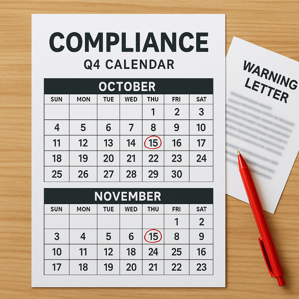 A wooden desk with a Q4 compliance calendar showing October and November. Key dates are circled in red ink, and a red pen lies next to the calendar. A partially visible warning letter peeks out from under the calendar, suggesting urgency or pending legal action.