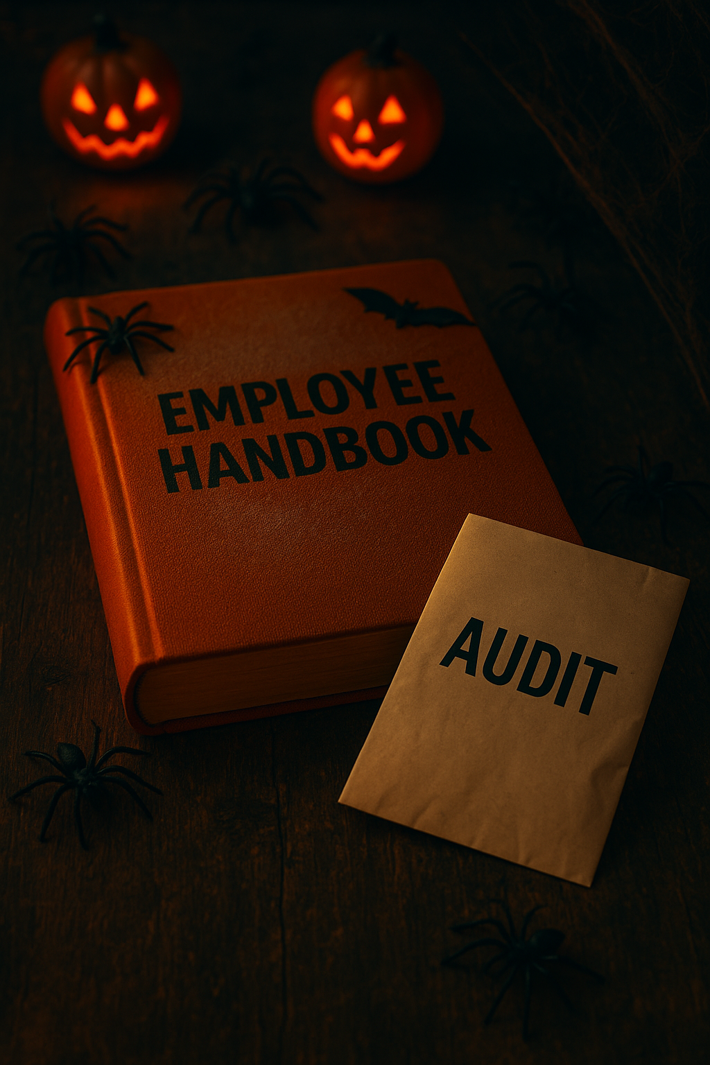 A dusty orange employee handbook sits beside an envelope labeled “Audit” on a dimly lit desk surrounded by glowing jack-o’-lanterns, cobwebs, and plastic spiders, symbolizing the danger of ignoring compliance updates.