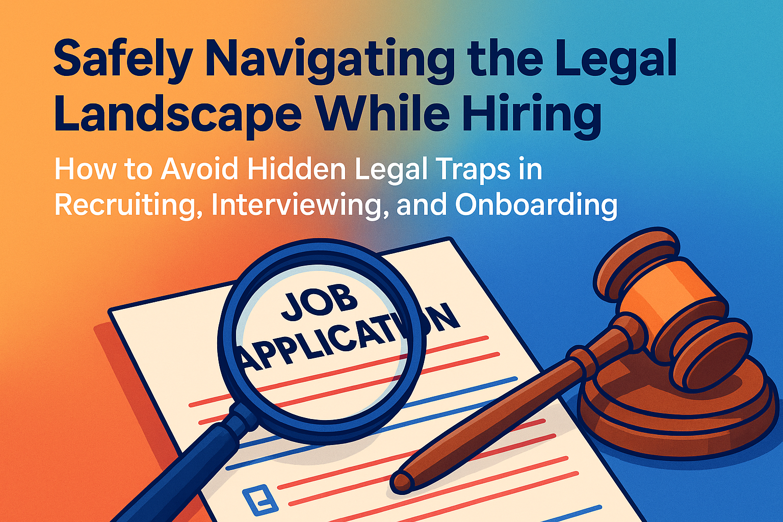 A colorful illustration showing a magnifying glass over a job application beside a judge’s gavel, symbolizing hiring compliance and legal awareness.