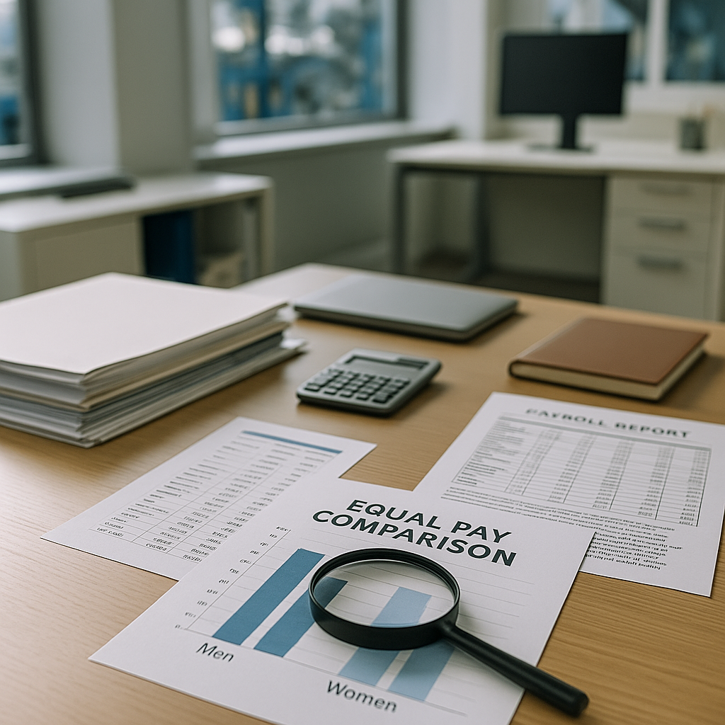A bright, modern manufacturing office desk displaying payroll reports and an equal pay comparison chart with a magnifying glass resting on top.
