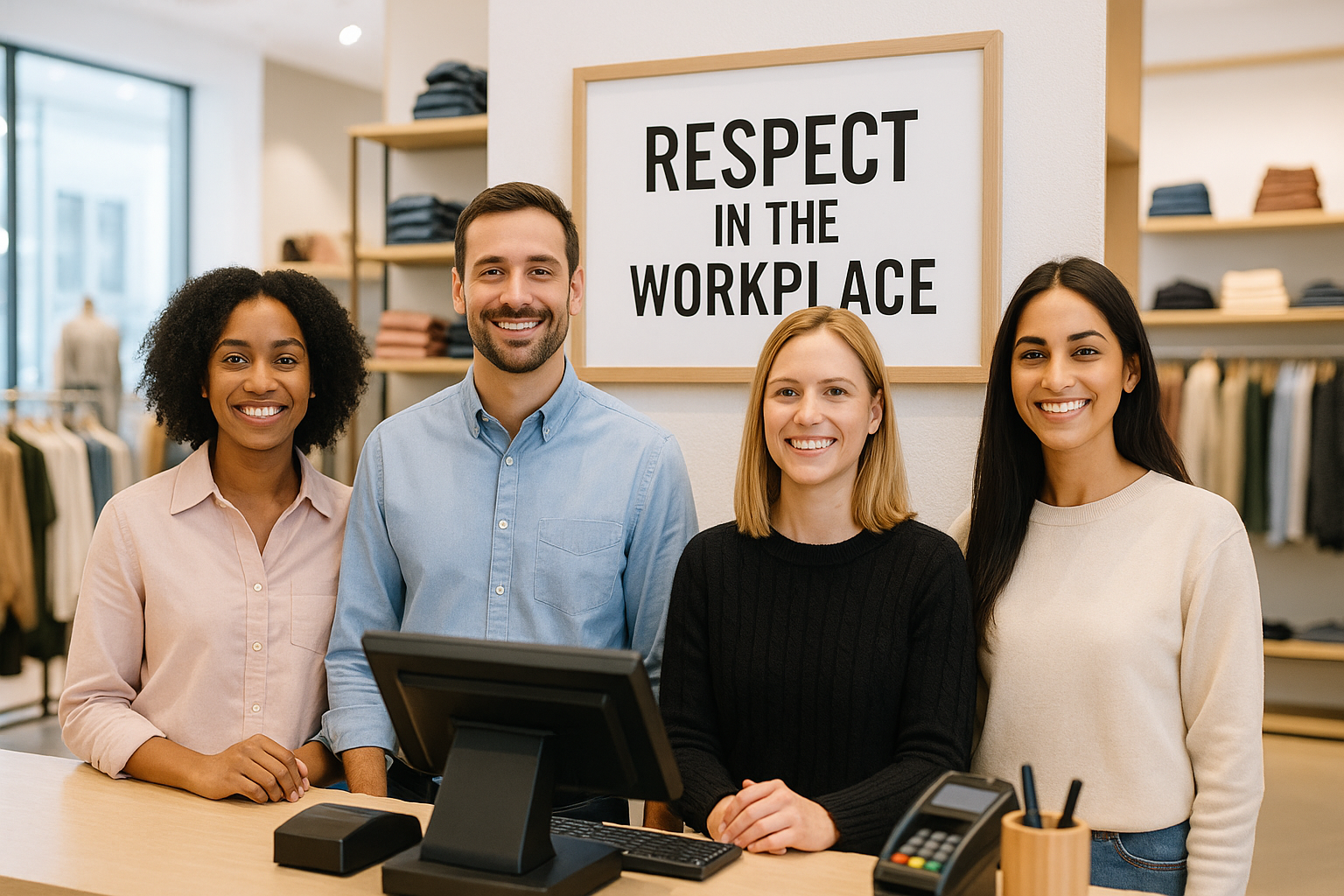 A diverse team of retail employees smiling behind a modern store counter with a “Respect in the Workplace” poster in the background, representing a positive, compliant workplace culture.
