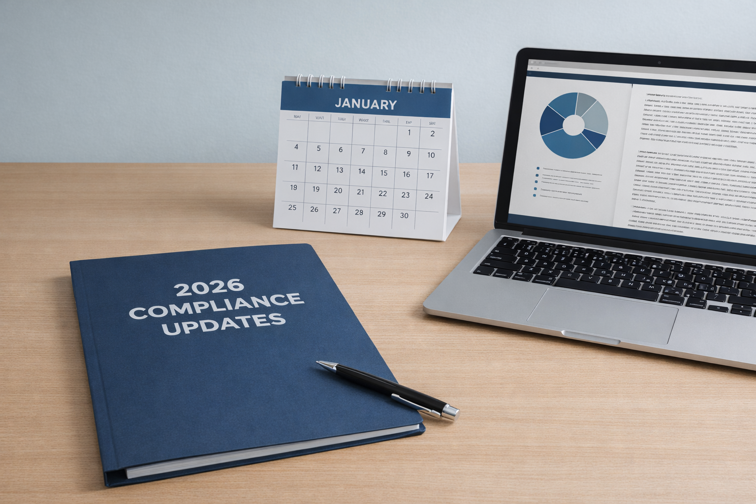 A modern office desk with a blue folder labeled “2026 Compliance Updates,” a January 2026 desk calendar, and a laptop displaying charts and legal documents in a clean blue and gray workspace.