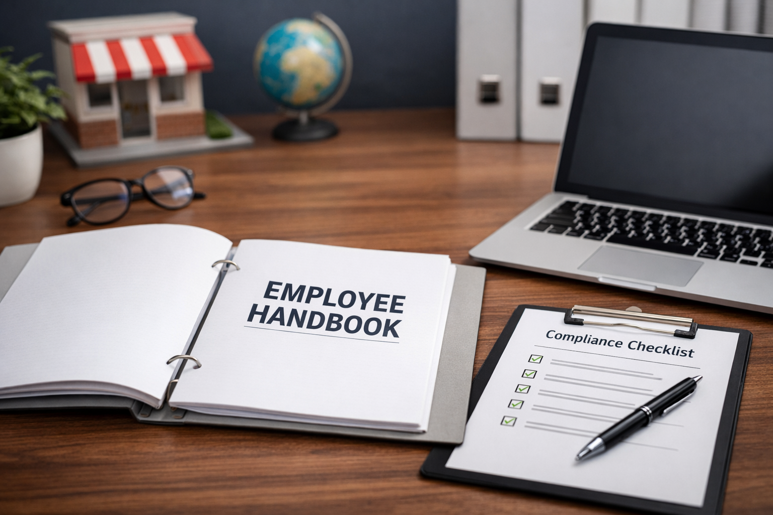 Open employee handbook beside a laptop and compliance checklist on a professional desk, illustrating employee handbook compliance in 2026 for franchise employers.
