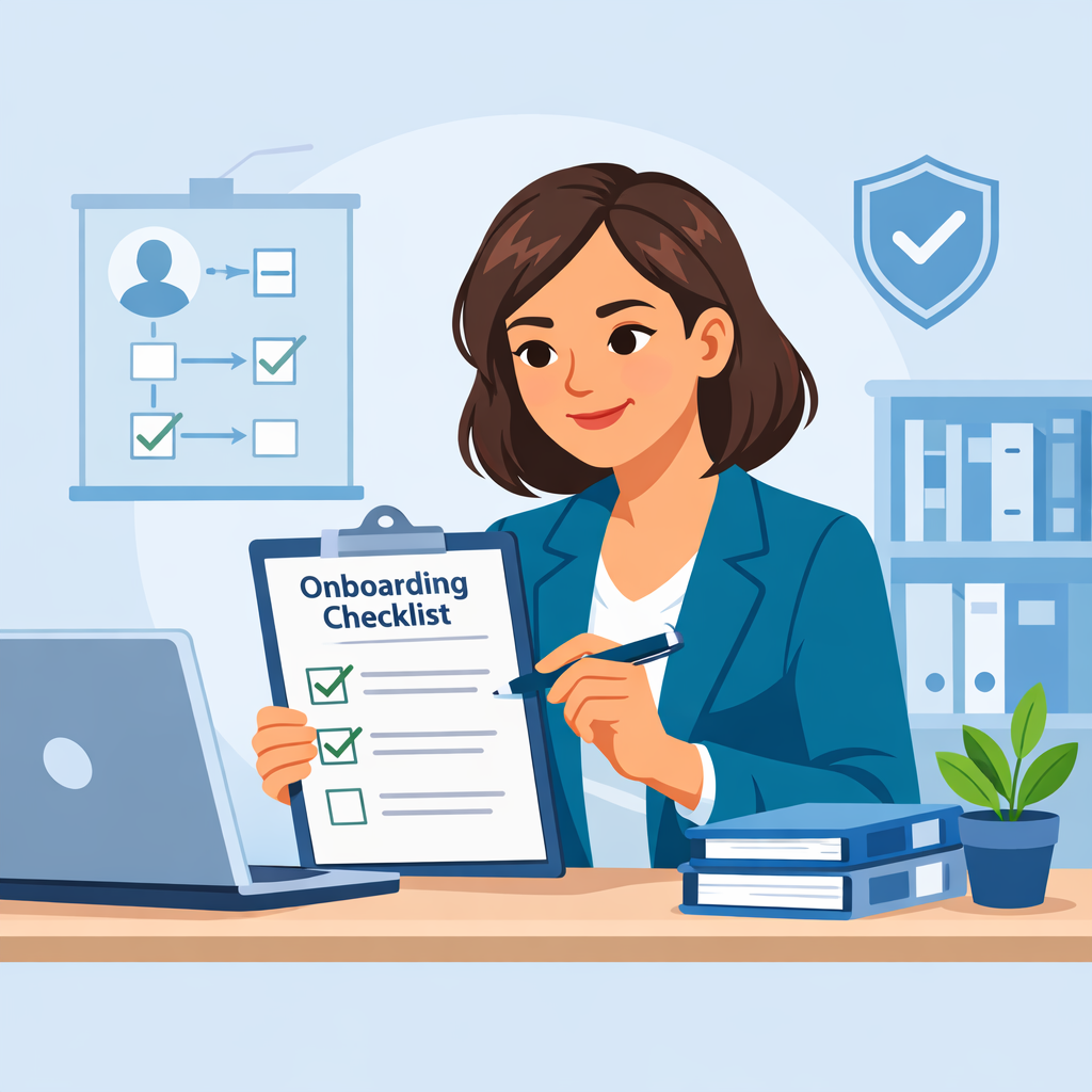 Illustrated female business owner reviewing an onboarding checklist at her desk, with organized documents and a laptop, representing a structured and compliant hiring process.