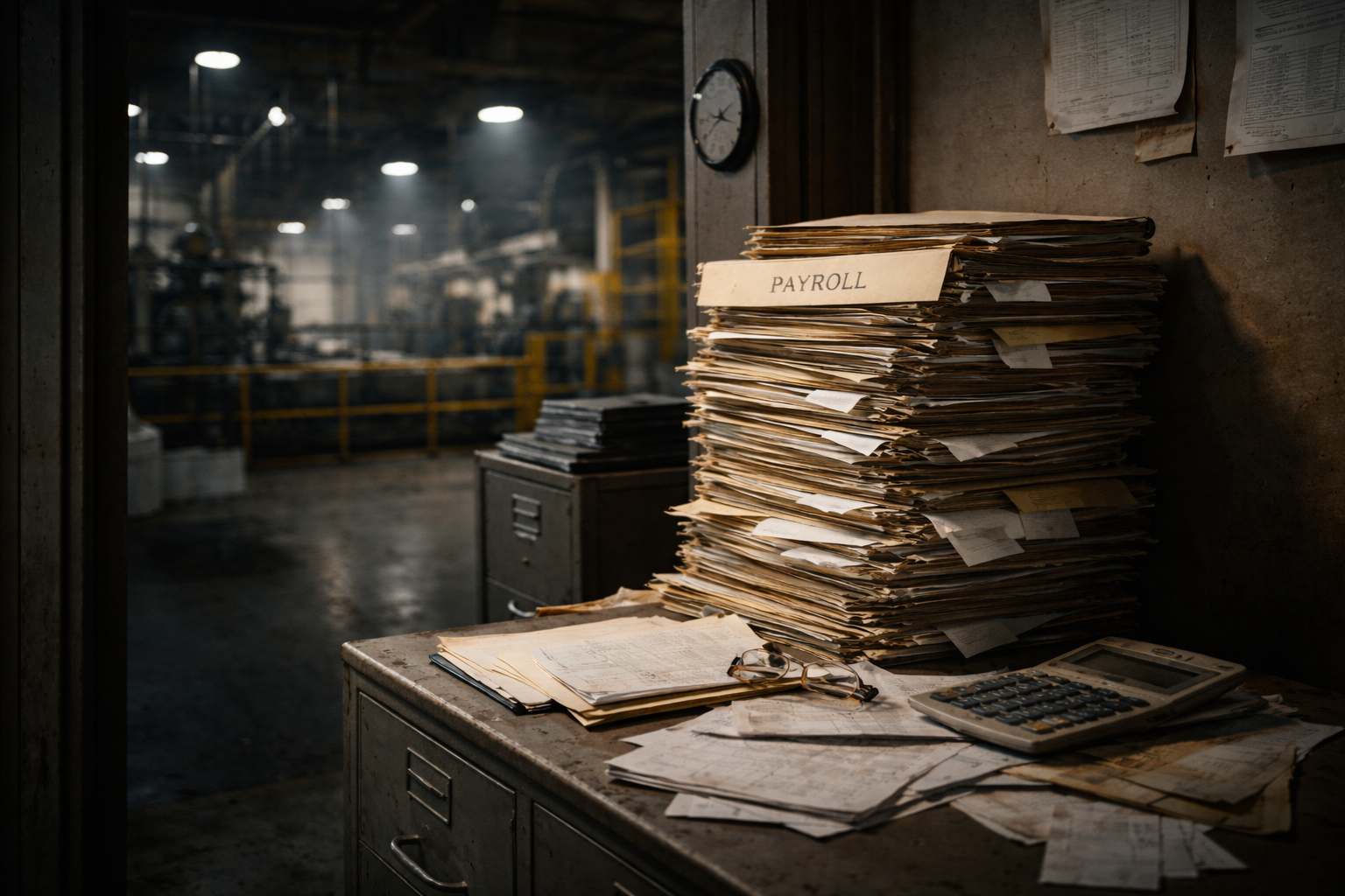 Stack of payroll files in a manufacturing office, symbolizing hidden payroll compliance risks for employers
