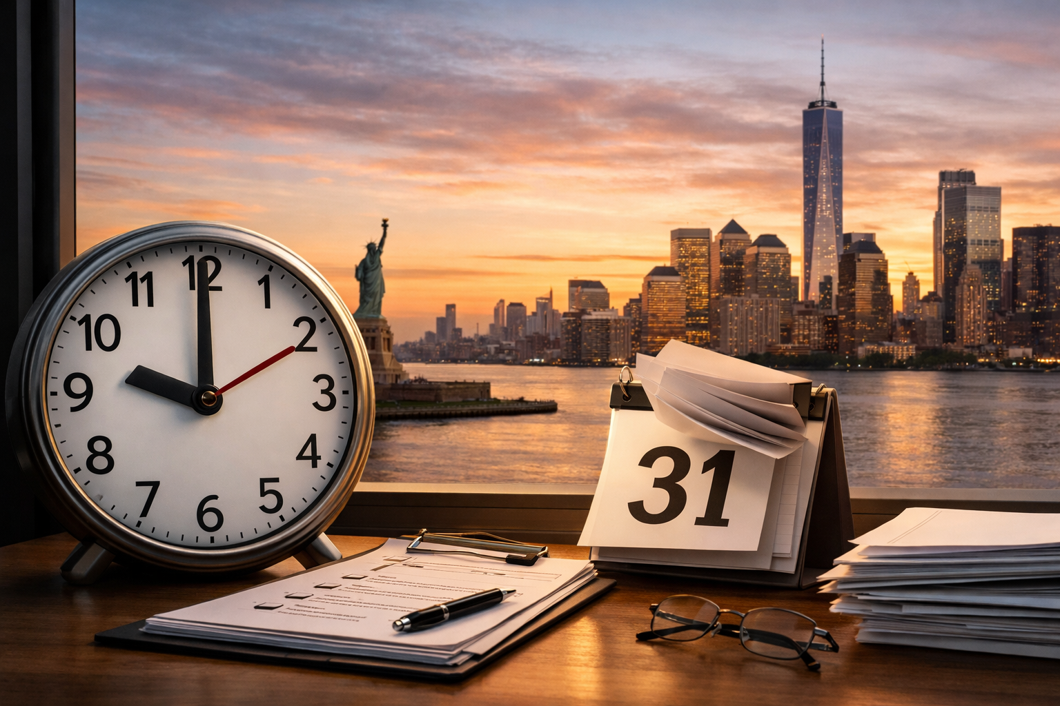 New York City skyline at dawn viewed from an office desk with a clock, calendar, and compliance documents, symbolizing upcoming employment law deadlines.