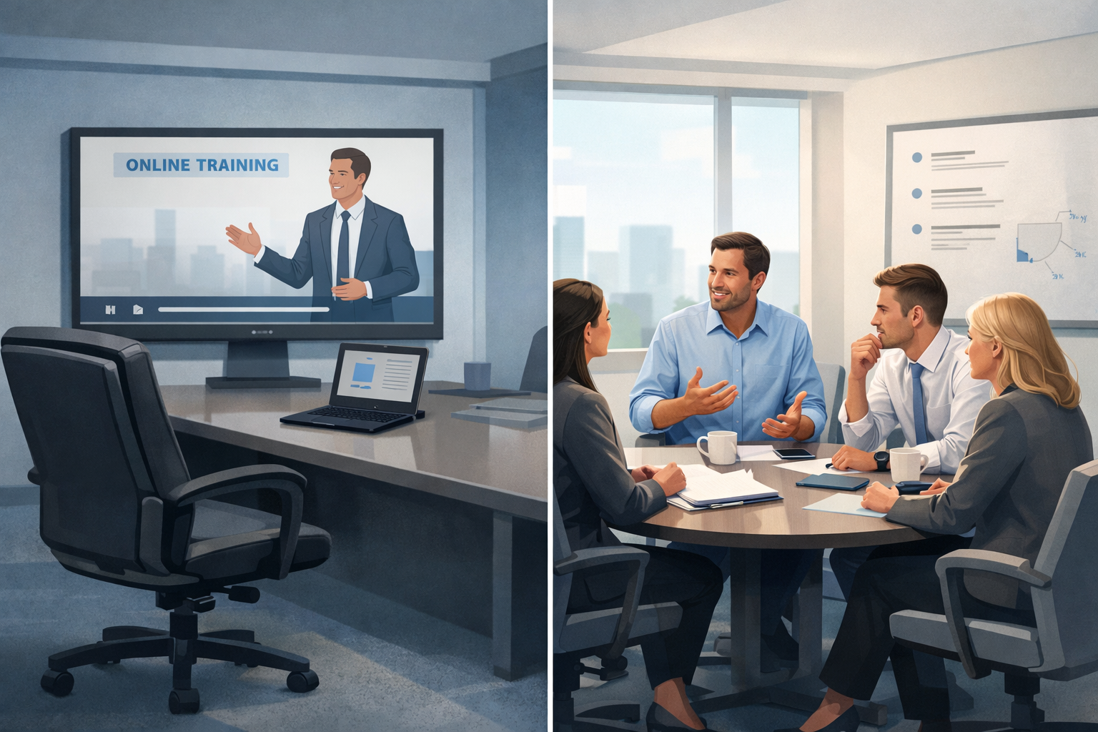Split screen illustration showing passive harassment training on a video screen contrasted with an interactive group discussion led by a facilitator in a professional workplace setting.