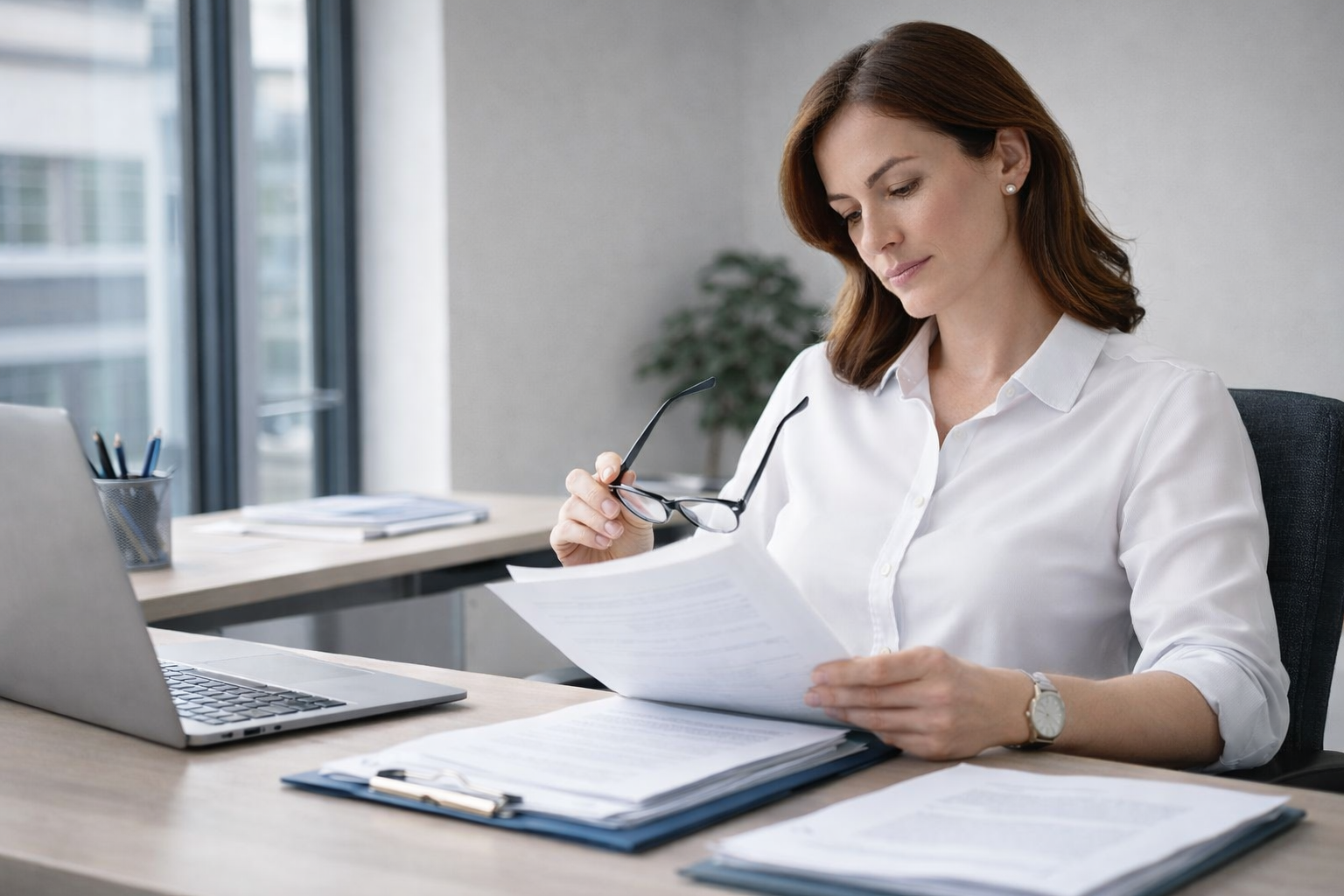 Professional female small business owner reviewing workplace compliance documents at a desk in a modern office with natural light and blue gray tones