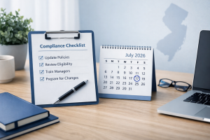 Compliance planning desk with a checklist and calendar highlighting upcoming New Jersey Family Leave Act changes for employers