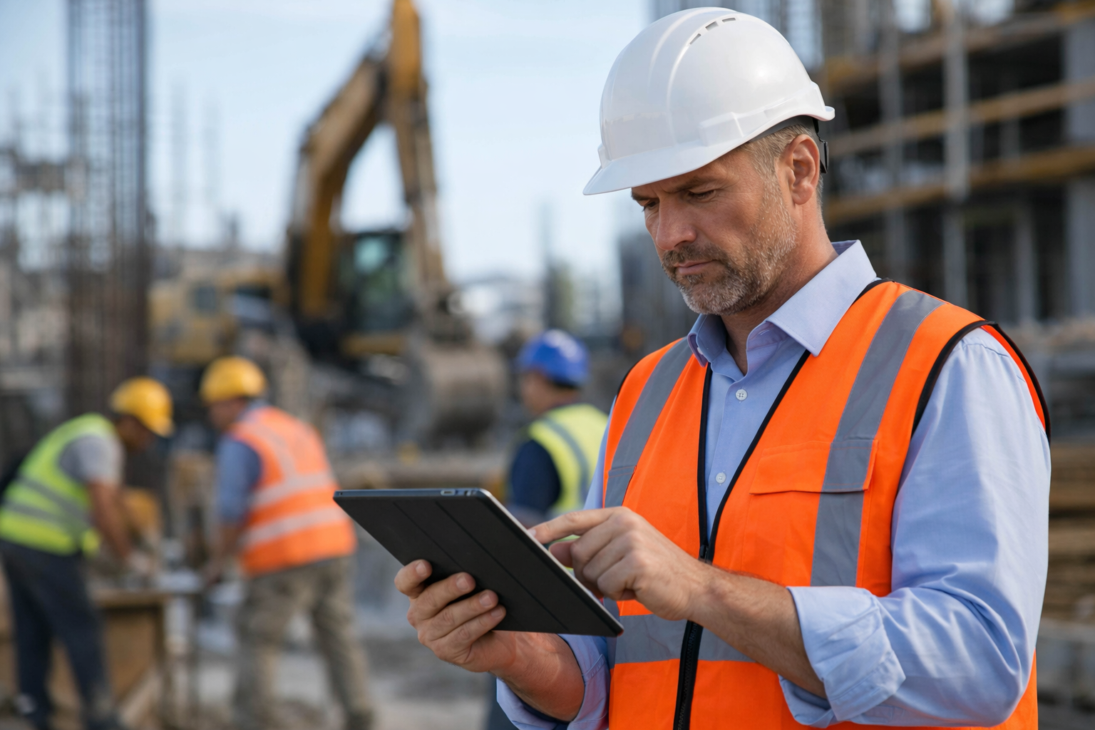 Construction business owner reviewing payroll compliance documents on a tablet at an active job site while workers operate equipment in the background.
