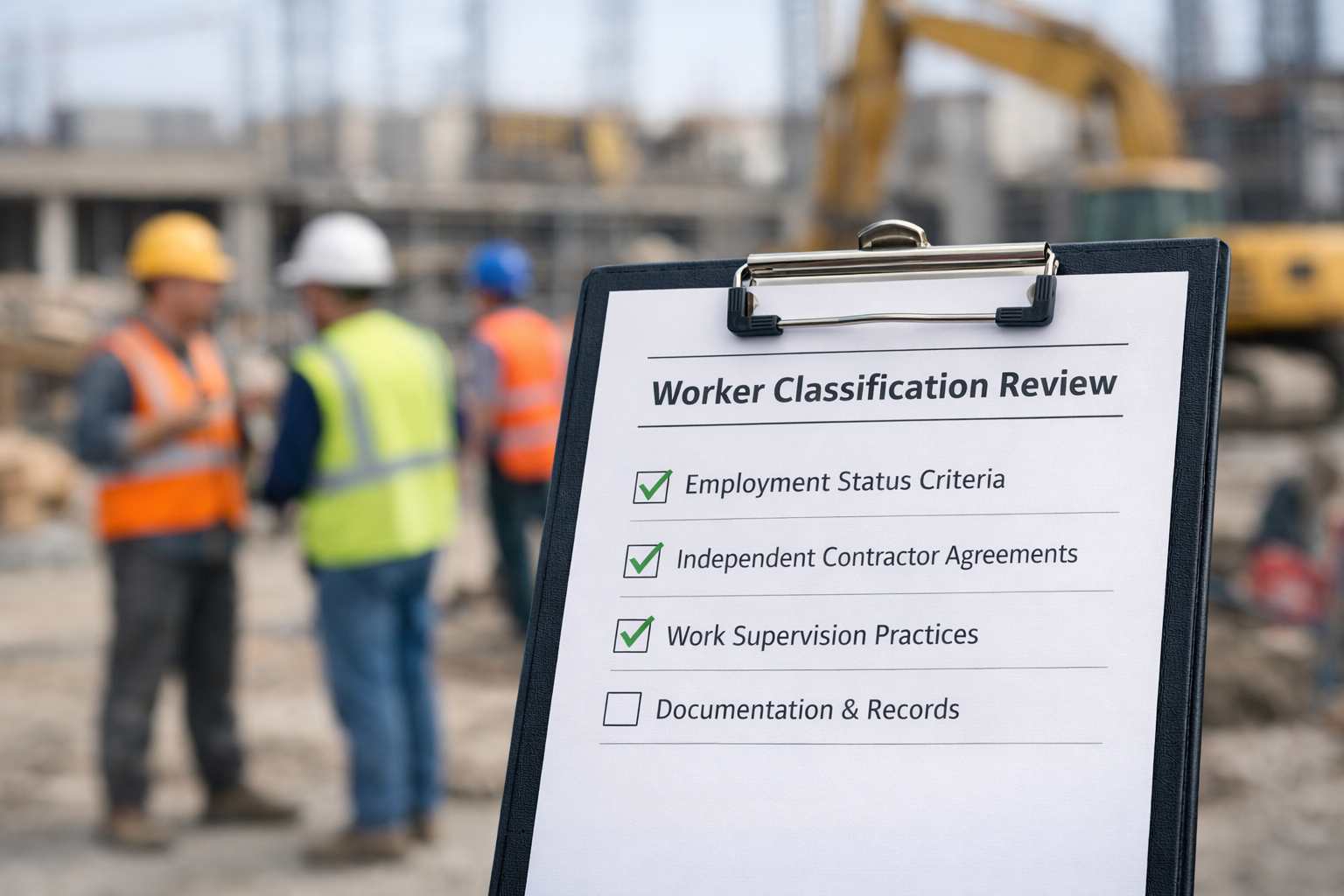 Clipboard labeled worker classification review checklist on a construction site with workers blurred in the background