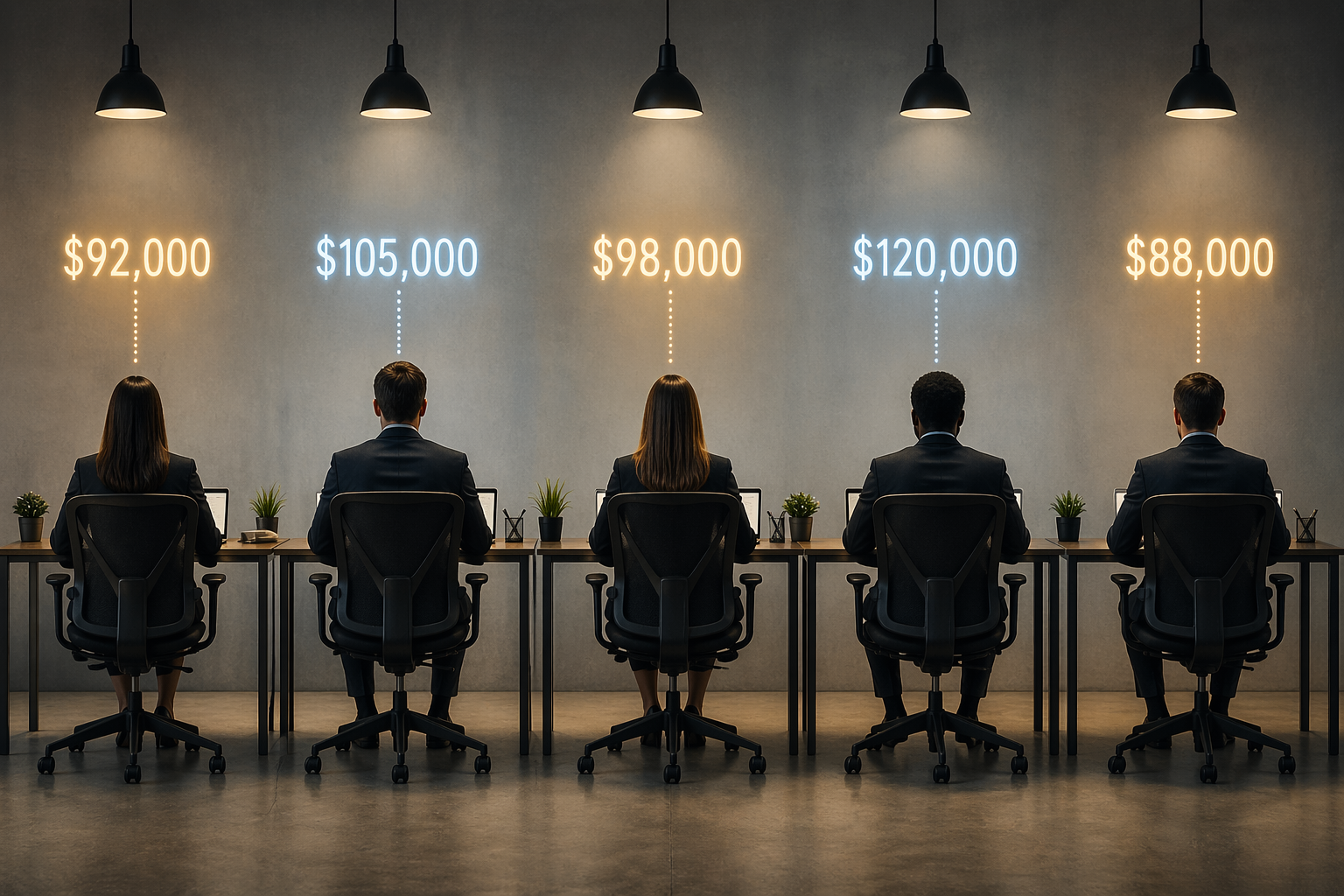 Professionals seated at identical desks with different salary figures displayed above them, illustrating unequal pay among similar roles.