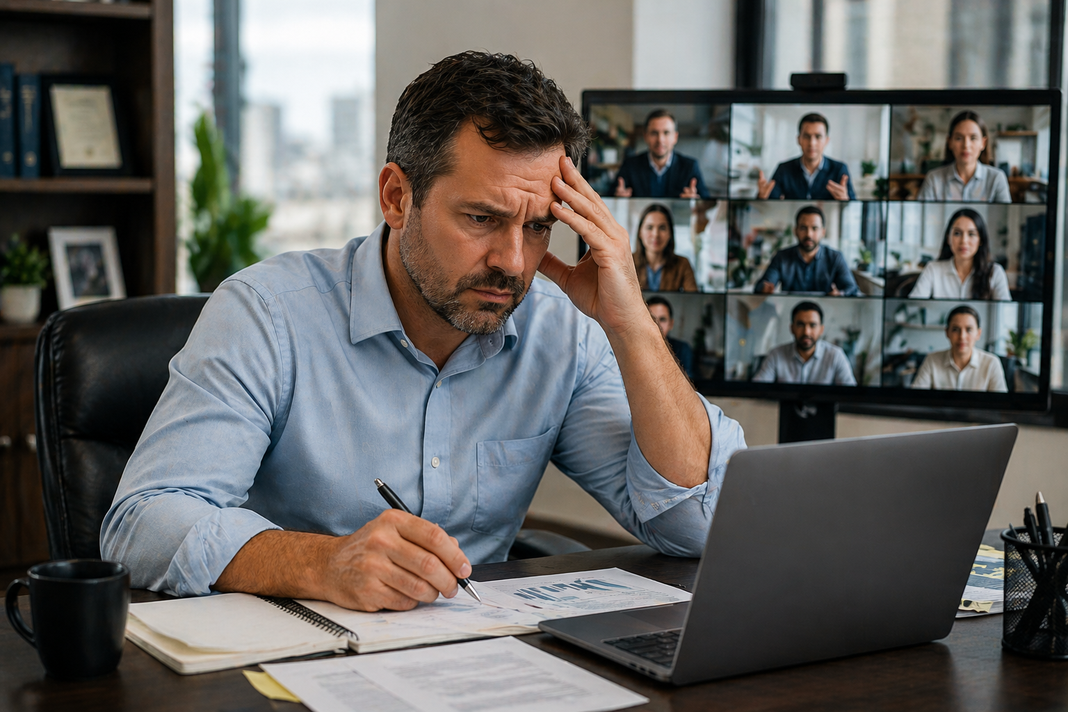 Business owner leading a remote team through a video conference from a modern office workspace.