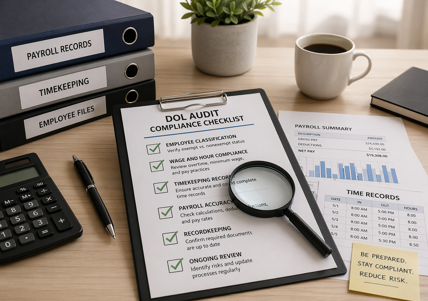 Clean office workspace with payroll documents, a compliance checklist on a clipboard, and a magnifying glass highlighting key audit details.