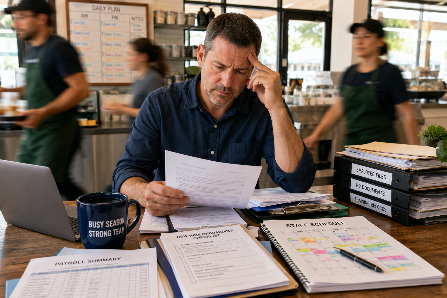 Business owner reviews hiring and payroll paperwork while seasonal employees work quickly in the background during a busy staffing period.