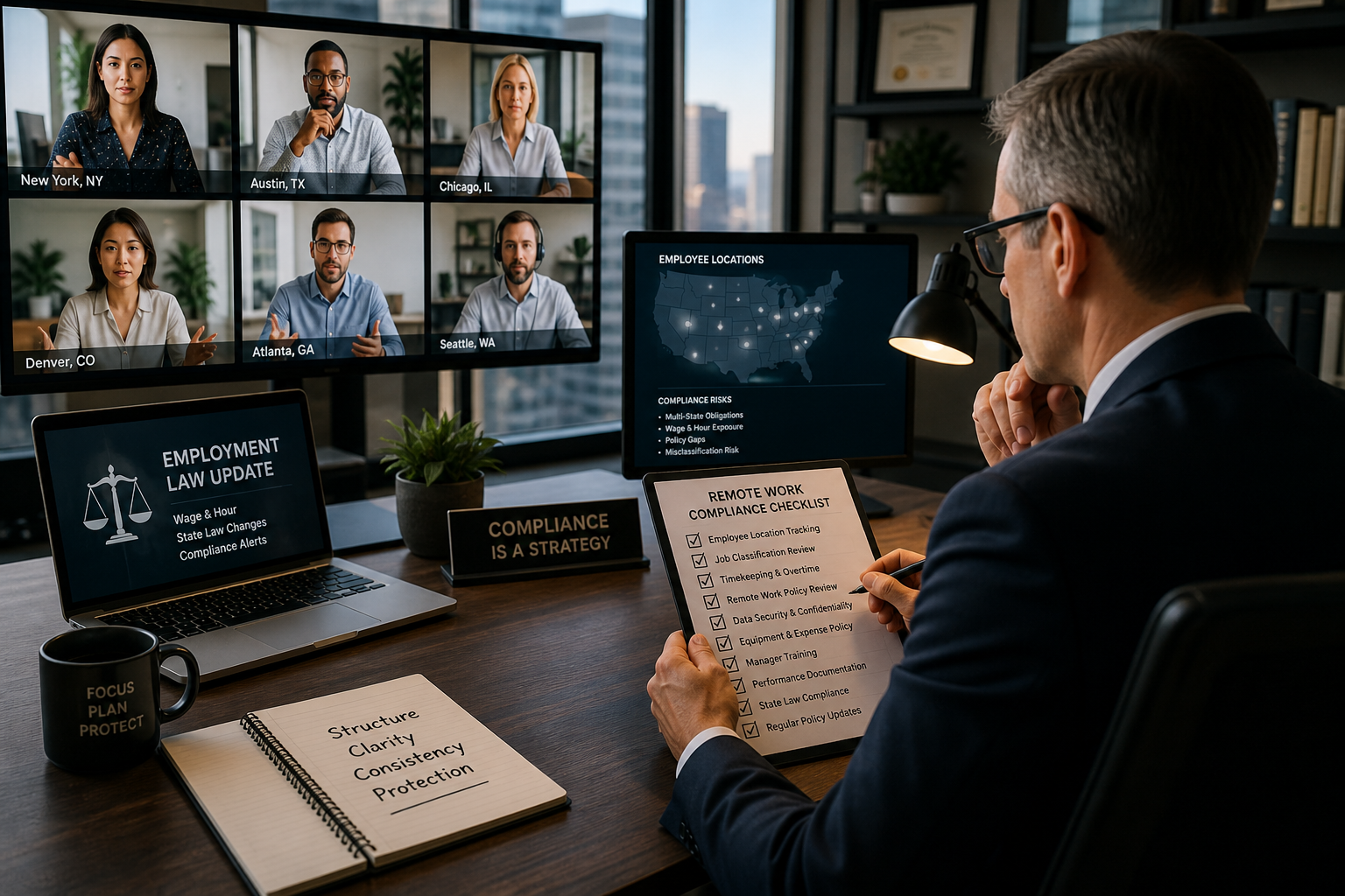 Professional executive reviewing a remote work compliance checklist while monitoring a distributed team across multiple screens in different locations