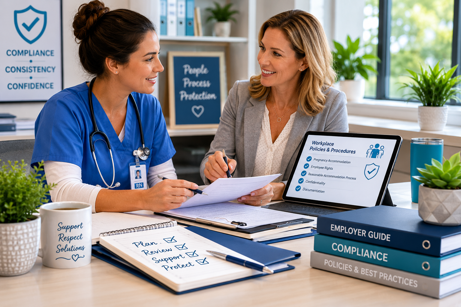 Healthcare employee and supervisor reviewing workplace accommodation policies and compliance documentation during a collaborative meeting in a professional office setting.