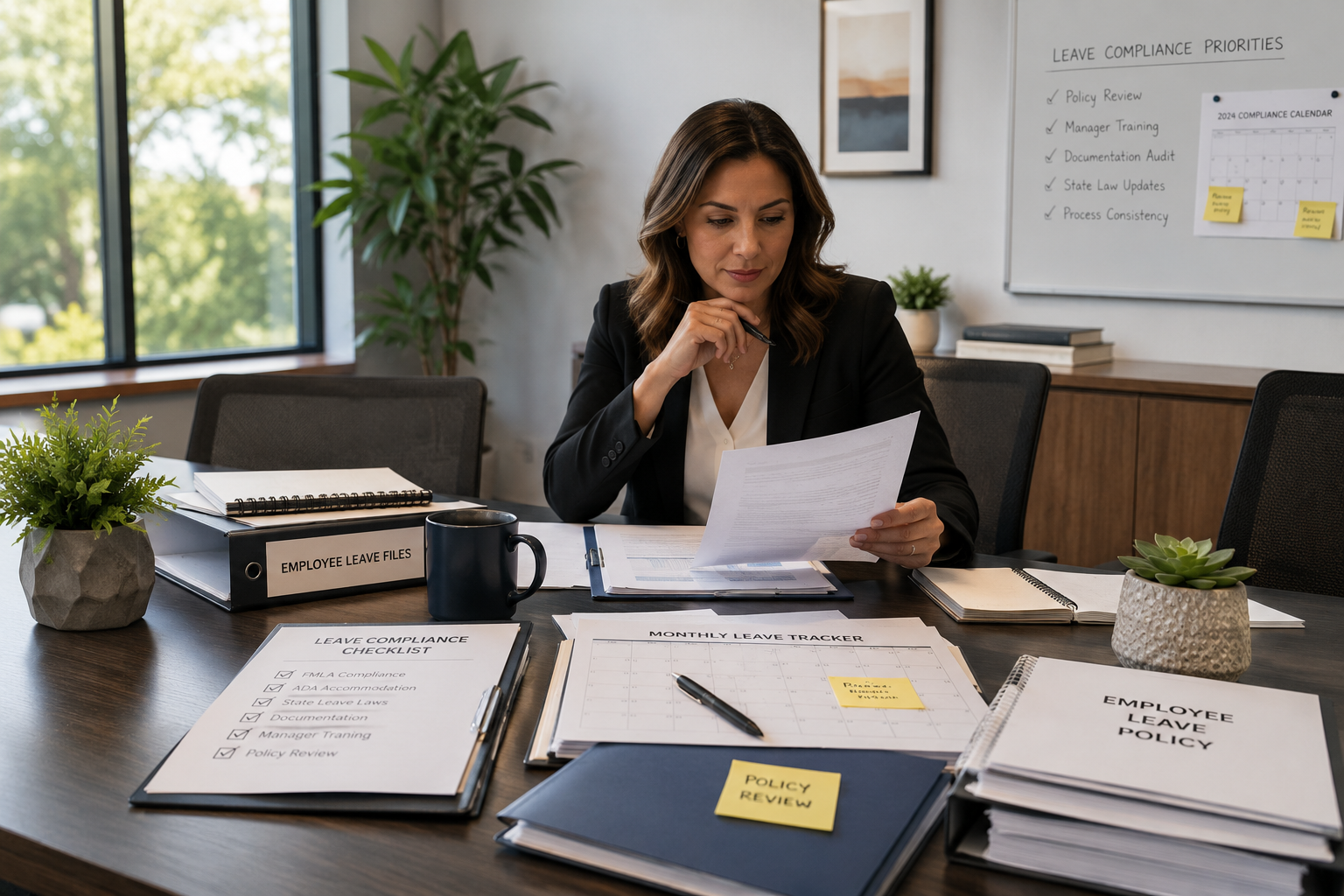 Business owner reviewing employee leave policies, compliance checklists, and HR documentation during a mid-year employee leave compliance audit.