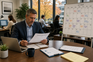 Professional service firm leader reviewing an employee leave request beside a busy fall calendar showing client deadlines and employee absences.