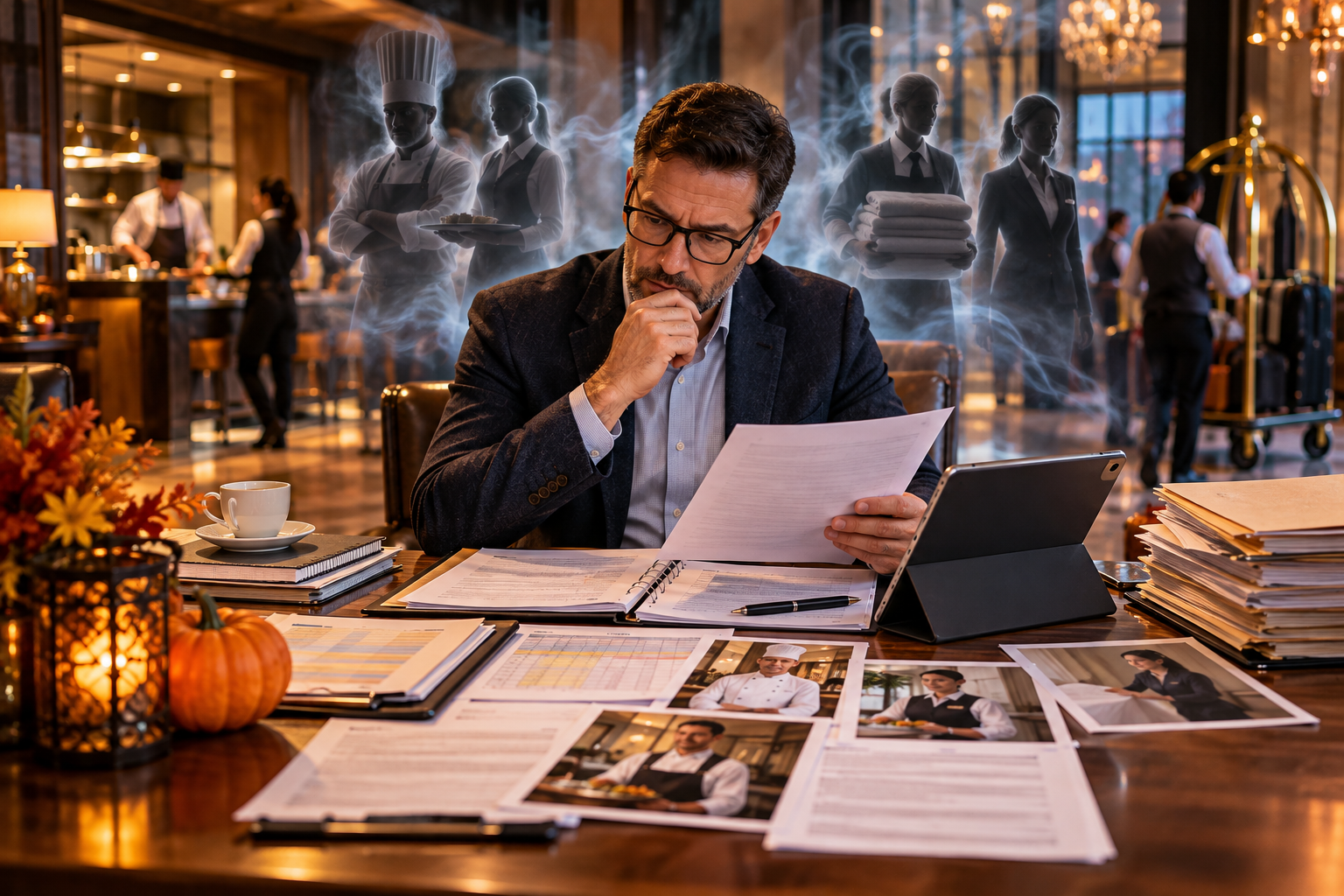 Hospitality business owner reviewing employee classification records as ghostly hotel and restaurant workers appear behind him, symbolizing compliance risks.